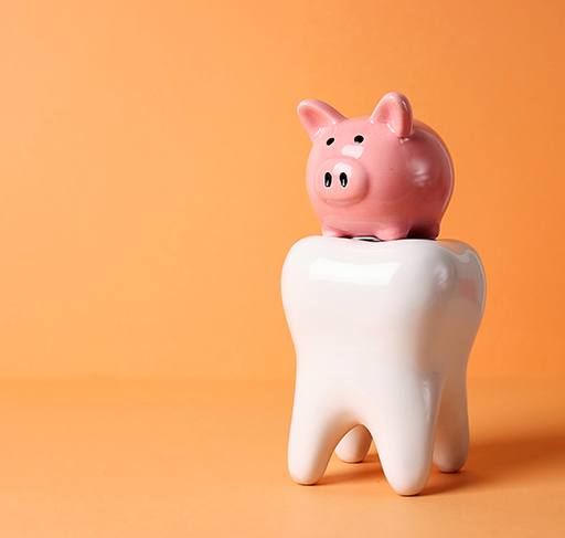 Piggy bank on model tooth with orange background